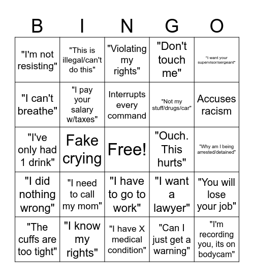 Cop Slop Badge Cams Bingo Card