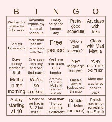 2026 School Schedule Bingo Card