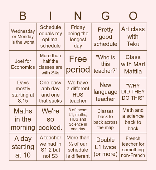 2026 School Schedule Bingo Card