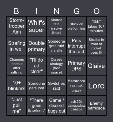 D2 personal raid bingo Card