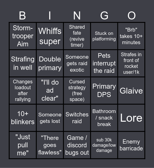 D2 personal raid bingo Card