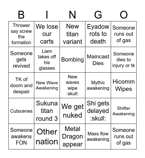 11th Episode Bingo Card