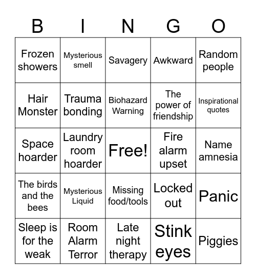 College Dorm Bingo Card