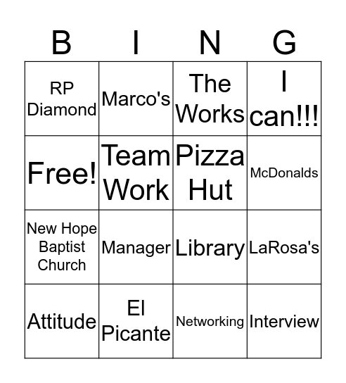 Work Experience Bingo Card