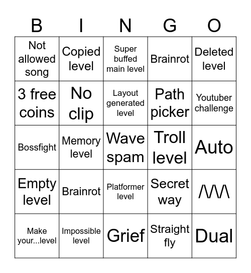 Geometry dash recent tab bingo Card