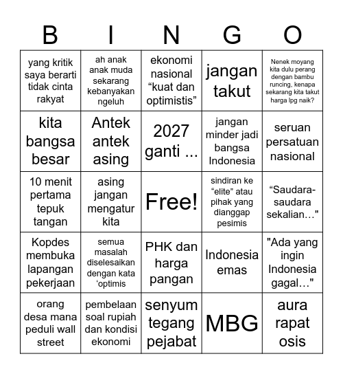 Pidato Bingo Card