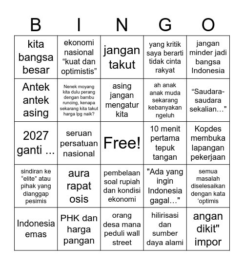 Pidato Bingo Card