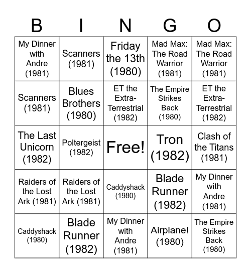 80's Movie Bingo Card