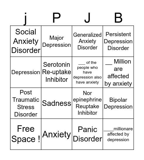 Anxiety and Depression Bingo Card