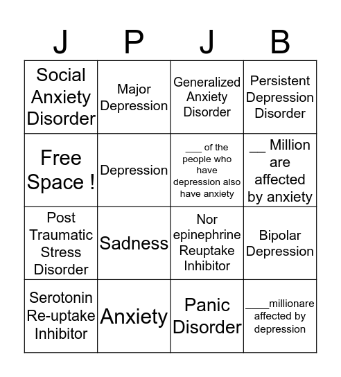 Anxiety and Depression Bingo Card