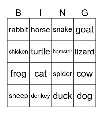 Farm Animals & Pets Bingo Card