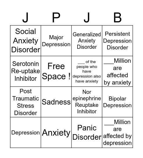 Anxiety and Depression Bingo Card