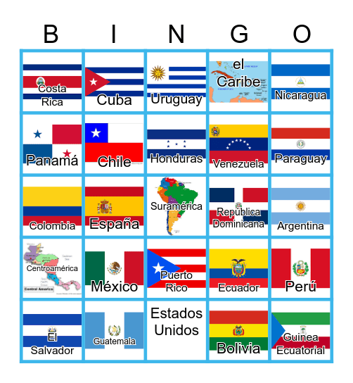 Spanish Speaking Countries Flags Bingo Card