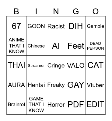 F Bingo Card