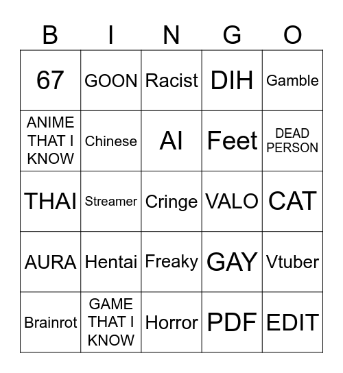 F Bingo Card