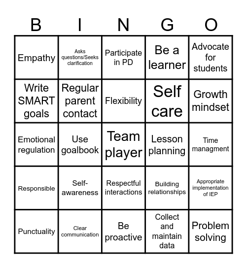 Qualities & Expectations of Cohort Teacher Bingo Card