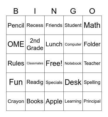 Back to School Bingo Card