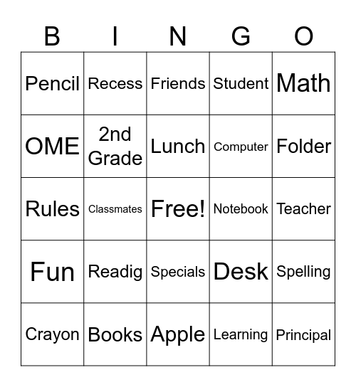 Back to School Bingo Card