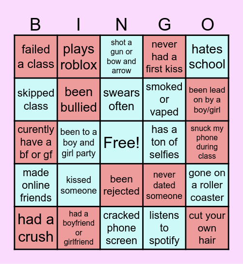 Teenagers Bingo Card