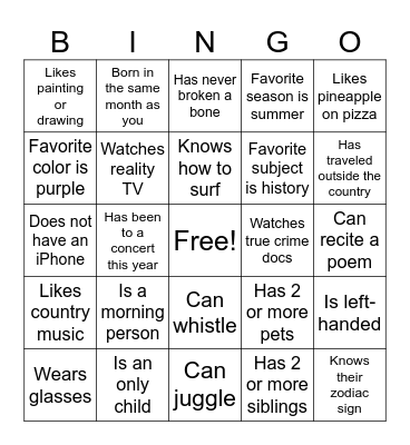 Band Camp Human Bingo Card