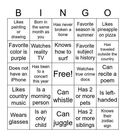 Band Camp Human Bingo Card