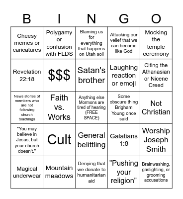 Anti-Mormon Bingo Card