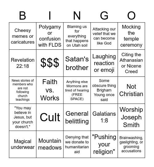 Anti-Mormon Bingo Card