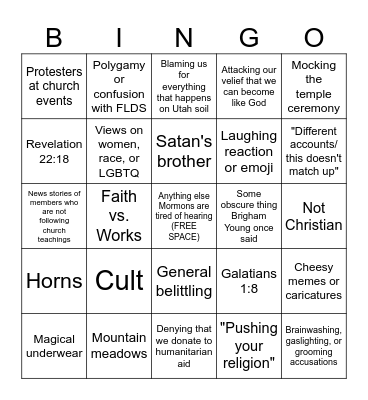 Anti-Mormon Bingo Card