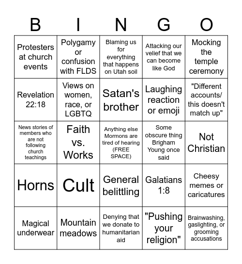 Anti-Mormon Bingo Card
