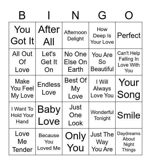 LOVE SONGS---SINGO Bingo Card