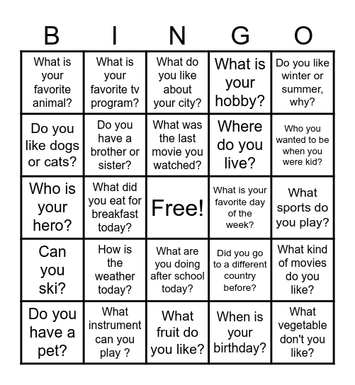 ESL Conversation Bingo Card