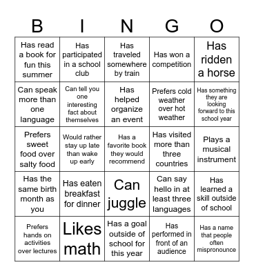 Get to Know Your Classmates Bingo Card