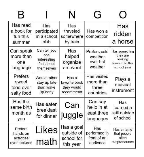 Get to Know Your Classmates Bingo Card