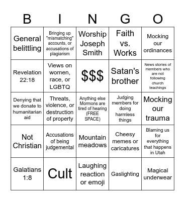 Anti-Mormon Bingo Card