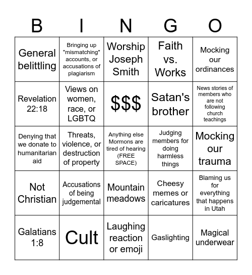 Anti-Mormon Bingo Card
