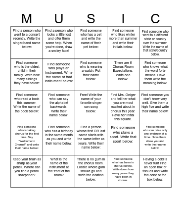 Singer Bingo Card