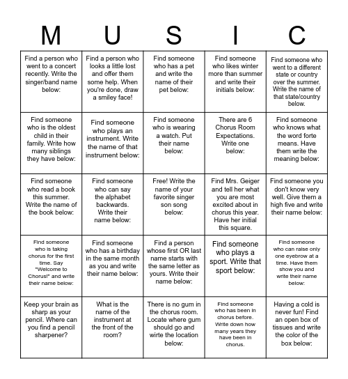 Singer Bingo Card