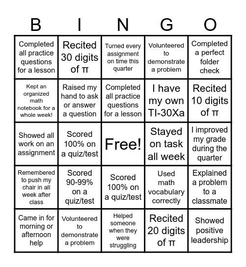 Math Bingo! Bingo Card