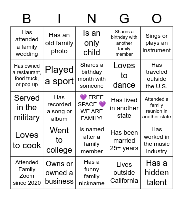 G&V FAMILY BINGO 💜 Find Someone Who… Bingo Card