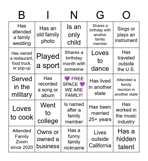 G&V FAMILY BINGO 💜 Find Someone Who… Bingo Card