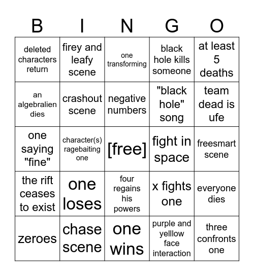 BFDI:TPOT 25 prediction bingo Card