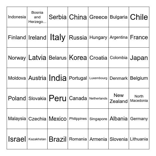 Omegle Country Challenge Bingo Card