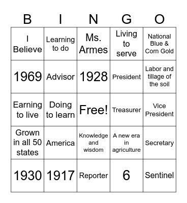 Intro to Ag FFA BINGO Card