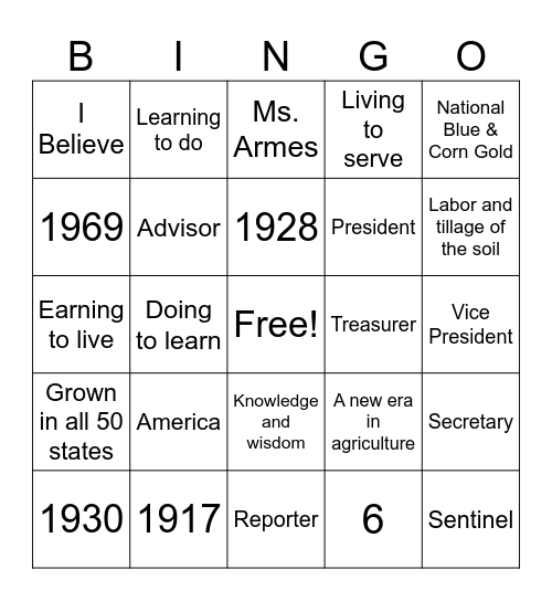 Intro to Ag FFA BINGO Card