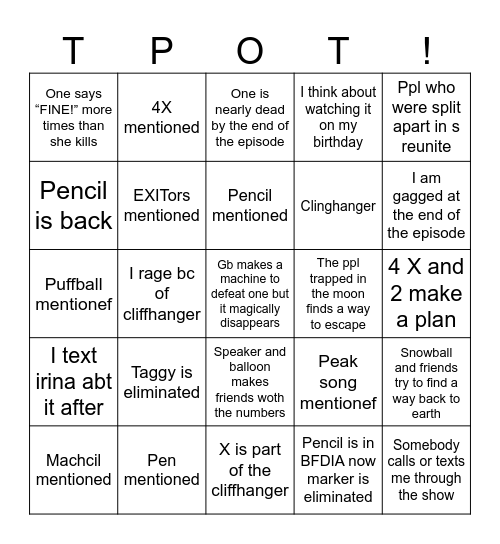 TPOT! Bingo Card