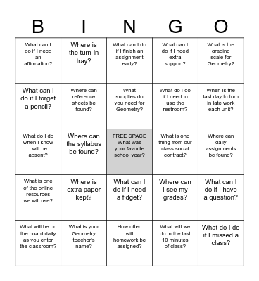 Syllabus/Classroom Tour Bingo Card