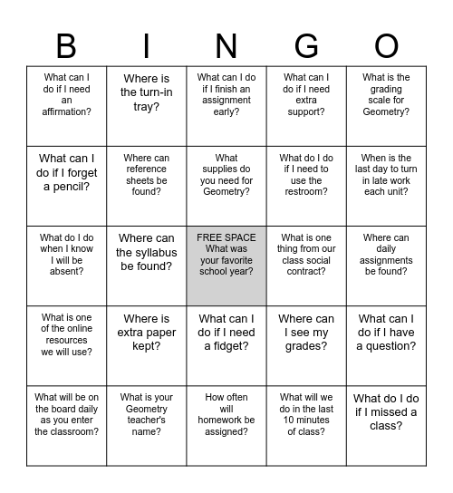 Syllabus/Classroom Tour Bingo Card