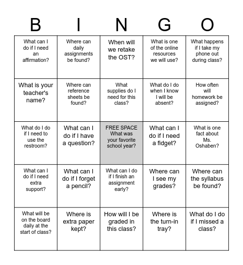 Syllabus/Classroom Tour Bingo Card