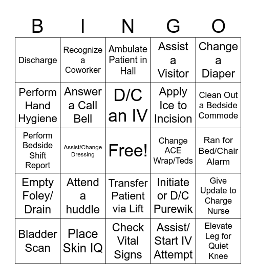 Ortho Nurse Bingo Card
