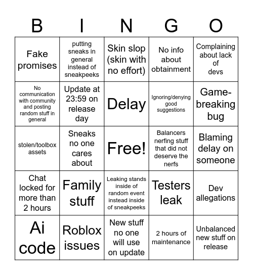 Bridger Update Bingo Card